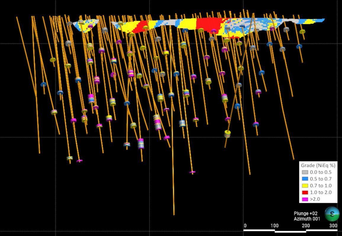 Figure 14 - 3D view (looking North) of the open-pit NiEq grade distribution. Drillhole traces and mineralized composites are also shown