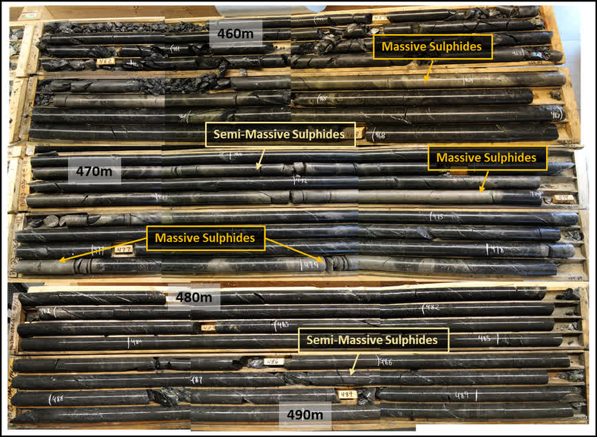 Mosaic picture of the massive to semi-massive sulphides intercepted in hole PN-23-036