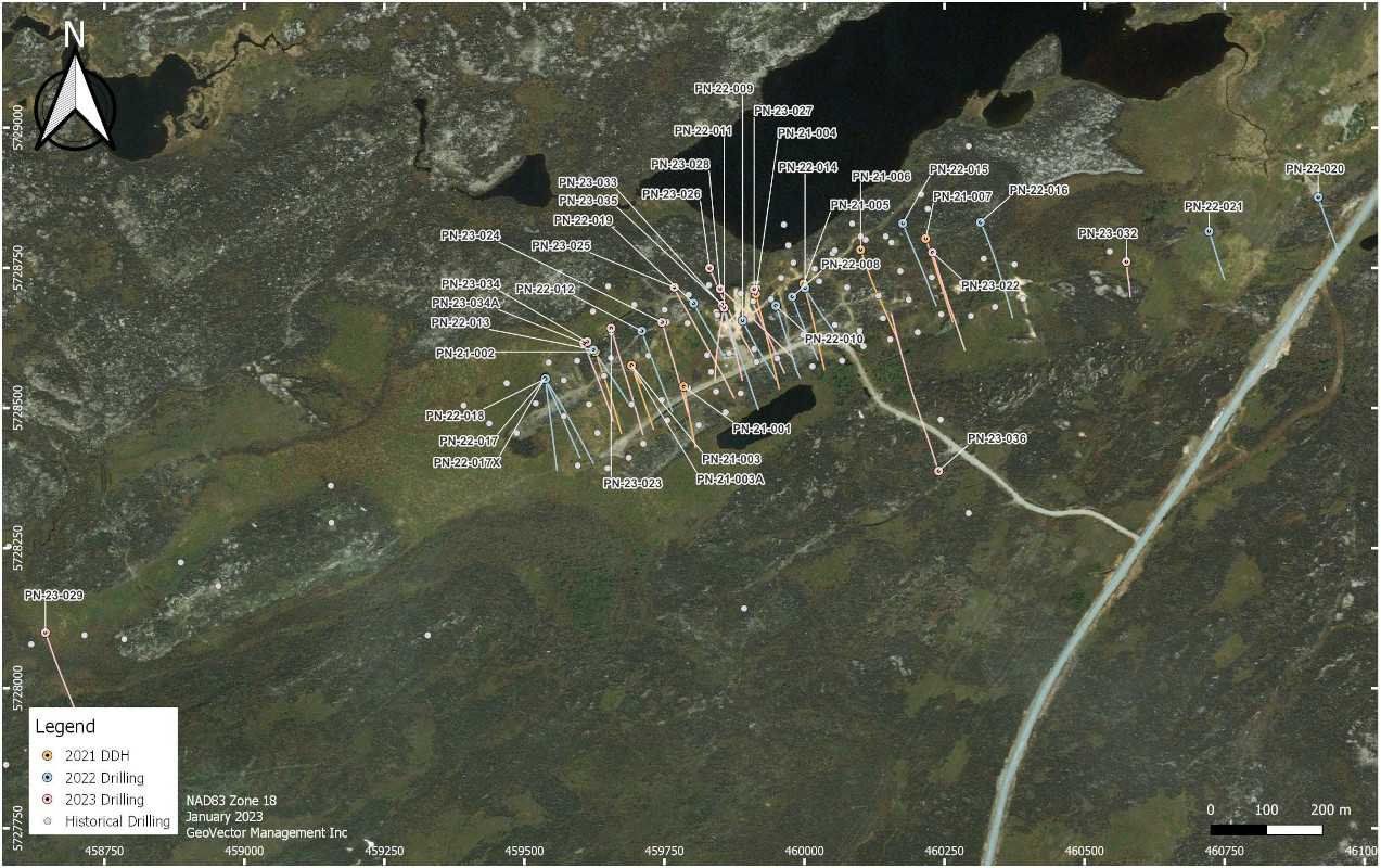 Figure 9 - Map of drillhole traces highlighting Power Metallic drilling by year