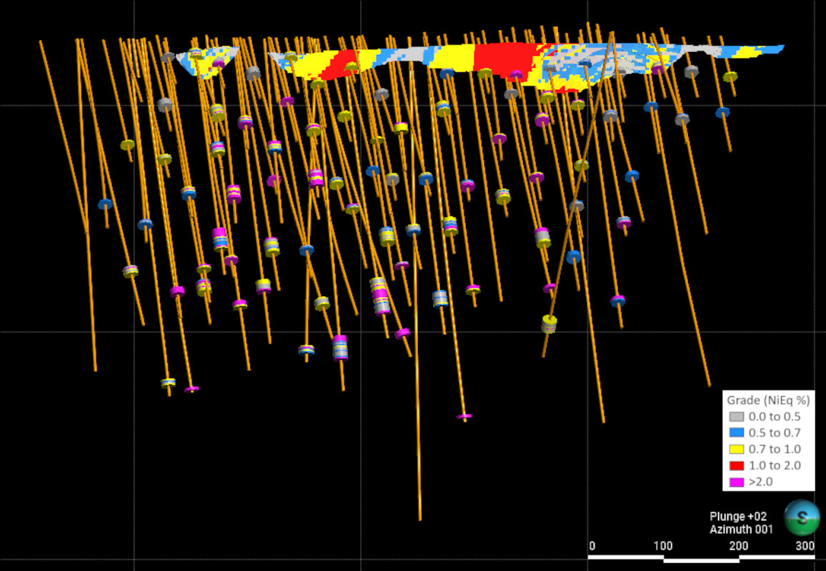 Figure 14 - 3D view (looking North) of the open-pit NiEq grade distribution. Drillhole traces and mineralized composites are also shown